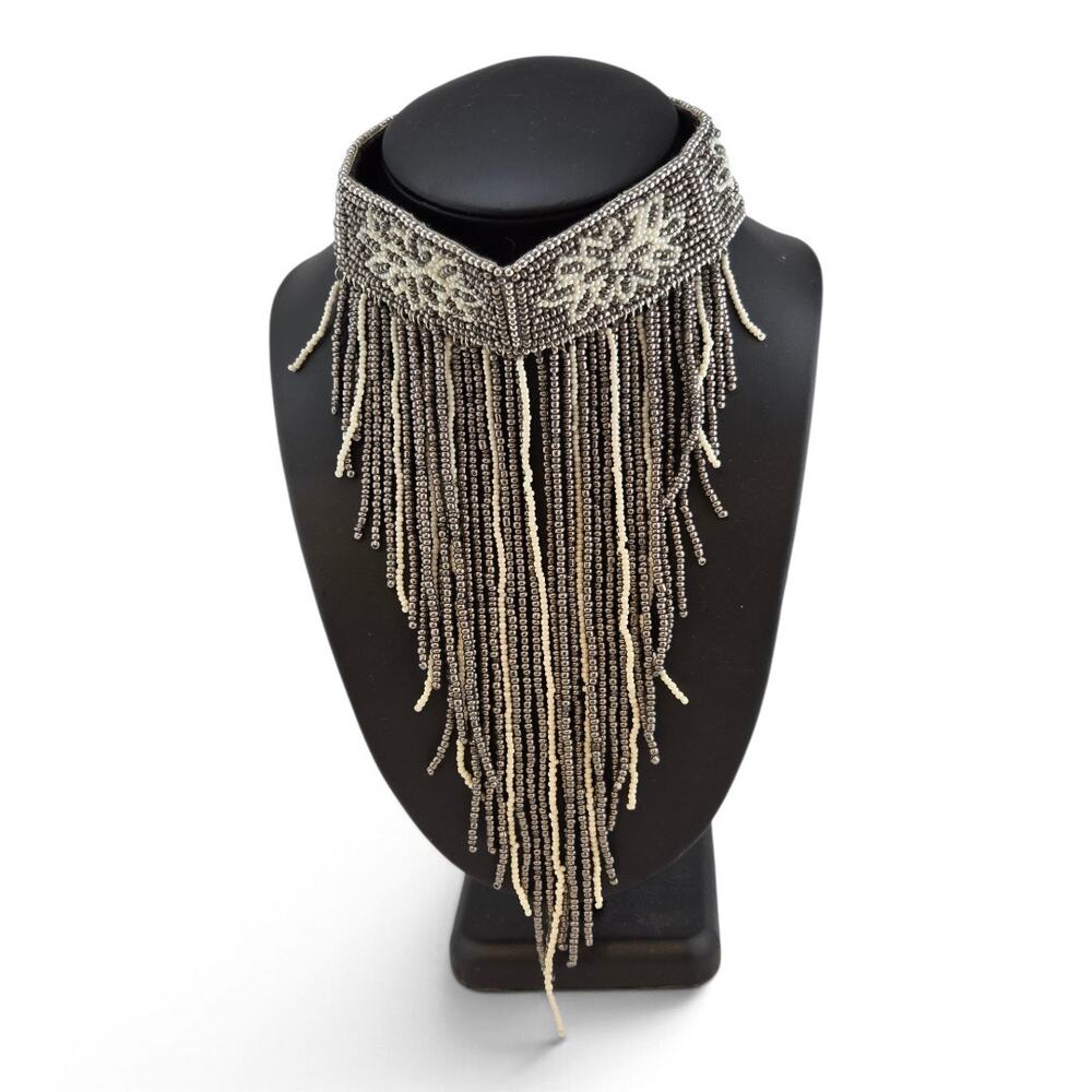 Beaded Choker Necklace Art Deco Style Waterfall Fringe Tassel Statement Collar